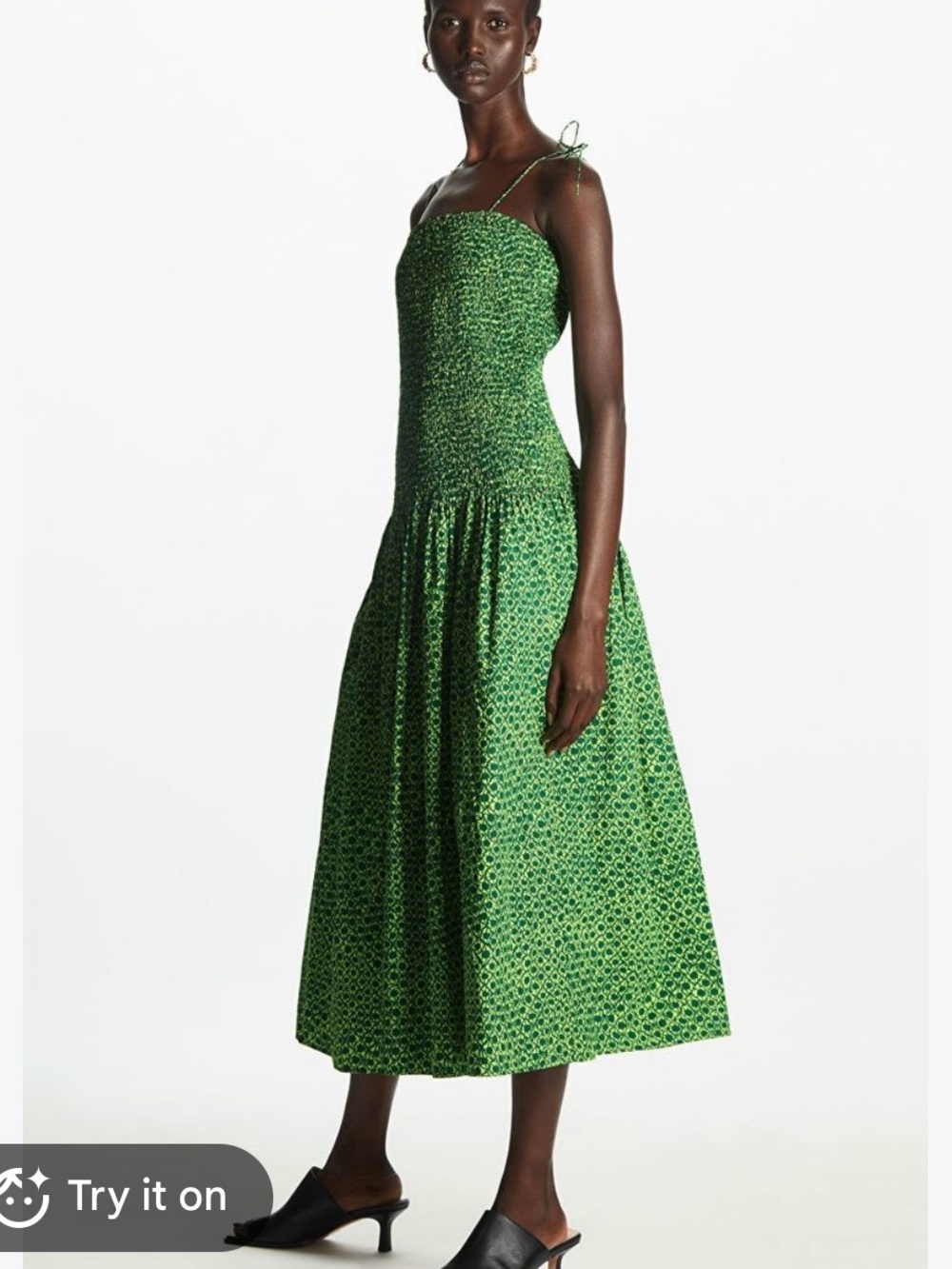 LN COS Green Printed Shirred cotton Midi Dress